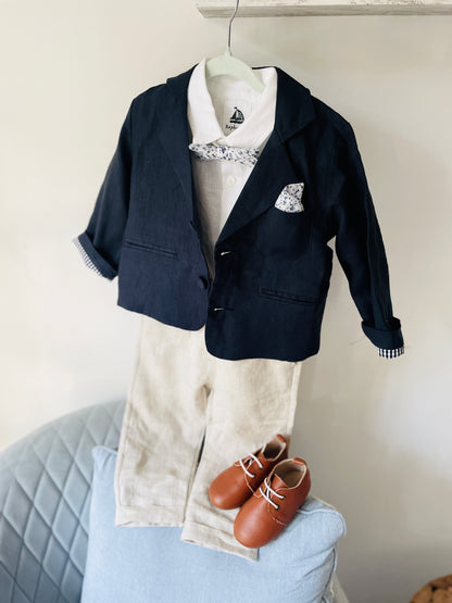 Navy blue and beige formal baptism or wedding suit with accessories and optional personalisation