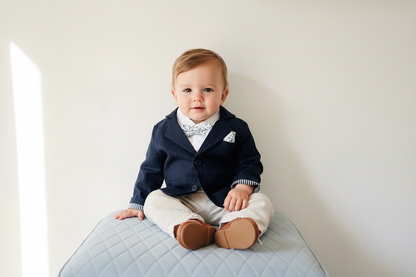 Navy blue and beige formal baptism or wedding suit with accessories and optional personalisation