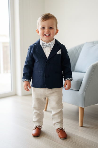 Navy blue and beige formal baptism or wedding suit with accessories and optional personalisation
