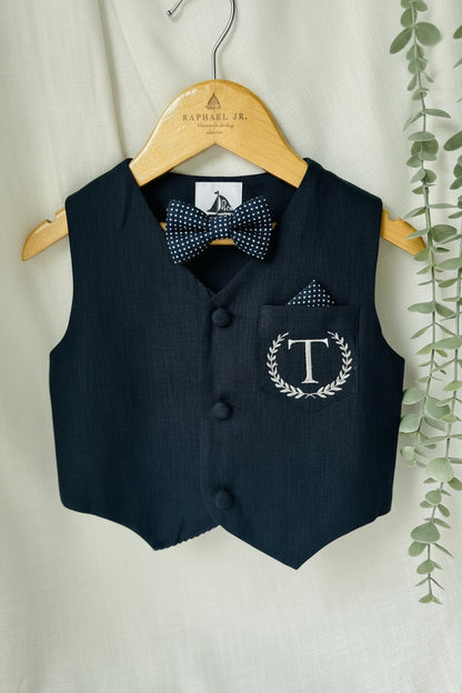 Boys Navy blue vest with white linen suit set