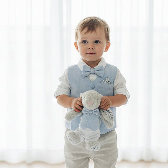 Beige Linen pants and blue vest outfit