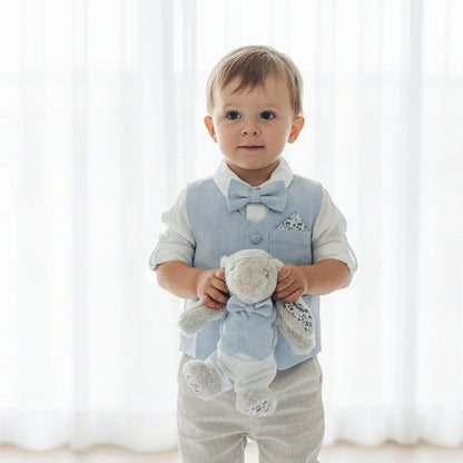 Beige Linen pants and blue vest outfit