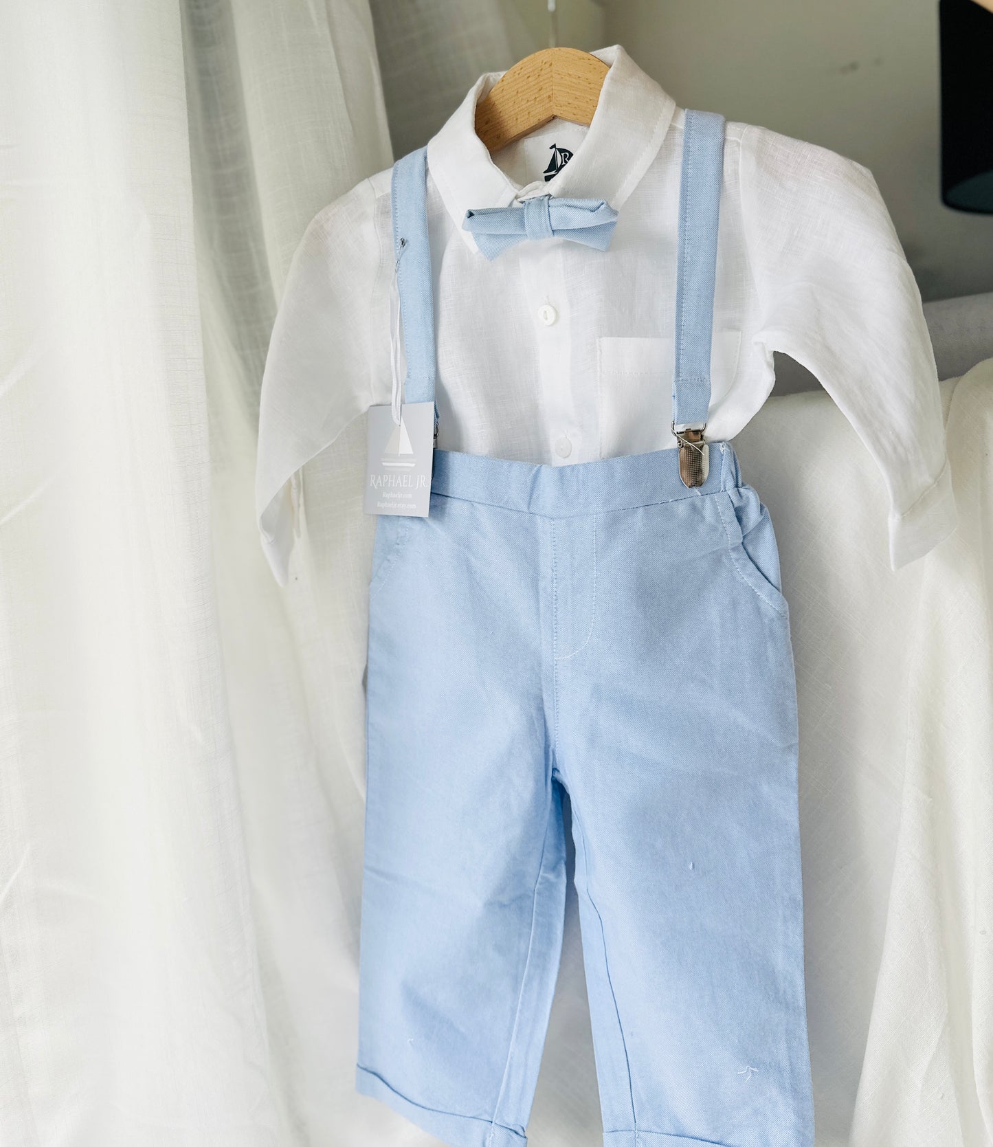 Boys pale blue and white set with vest, pants, linen shirt, bowtie and suspenders, plus optional jacket cap and shoes