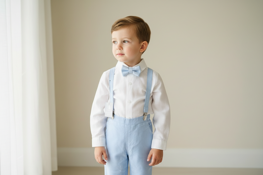 Blue chambray set with blue pants, white linen shirt, white, blue or beige suspenders and blue bow tie