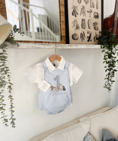 Baby and Toddler boys blue and white linen baptism and birthday romper and shirt set