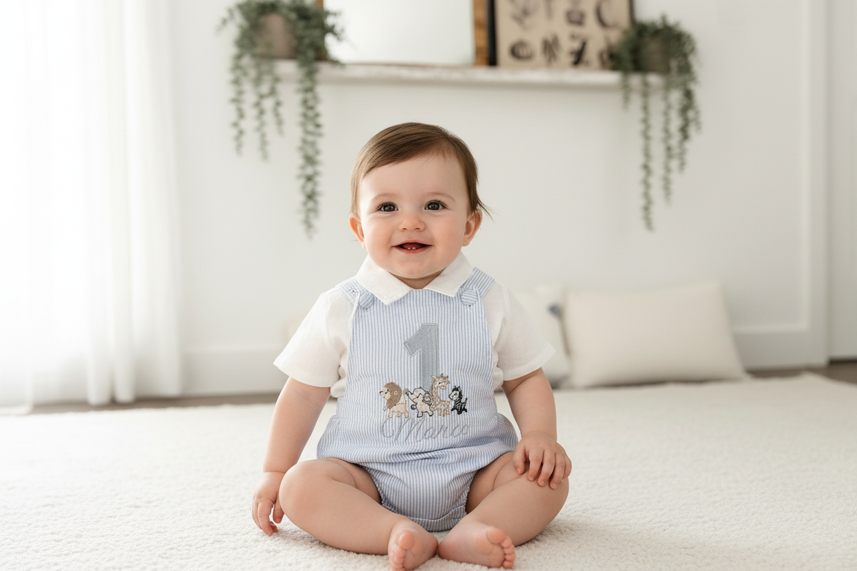 Baby and Toddler boys blue and white linen baptism and birthday romper and shirt set