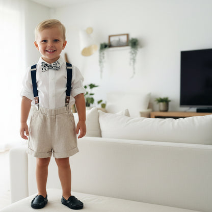 Beige Linen Summer Suit with navy blue accessories