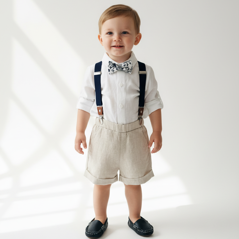 Beige Linen Summer Suit with navy blue accessories