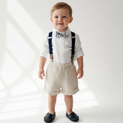 Beige Linen Summer Suit with navy blue accessories