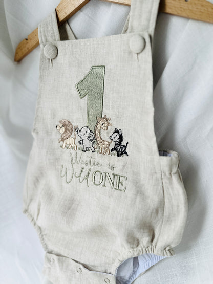 Boys Beige Linen First Birthday romper Pooh Bear and other designs