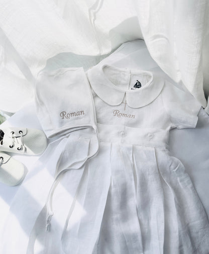 White Linen Unisex Baptism Gown romper with detachable skirt dress and optional embroidery