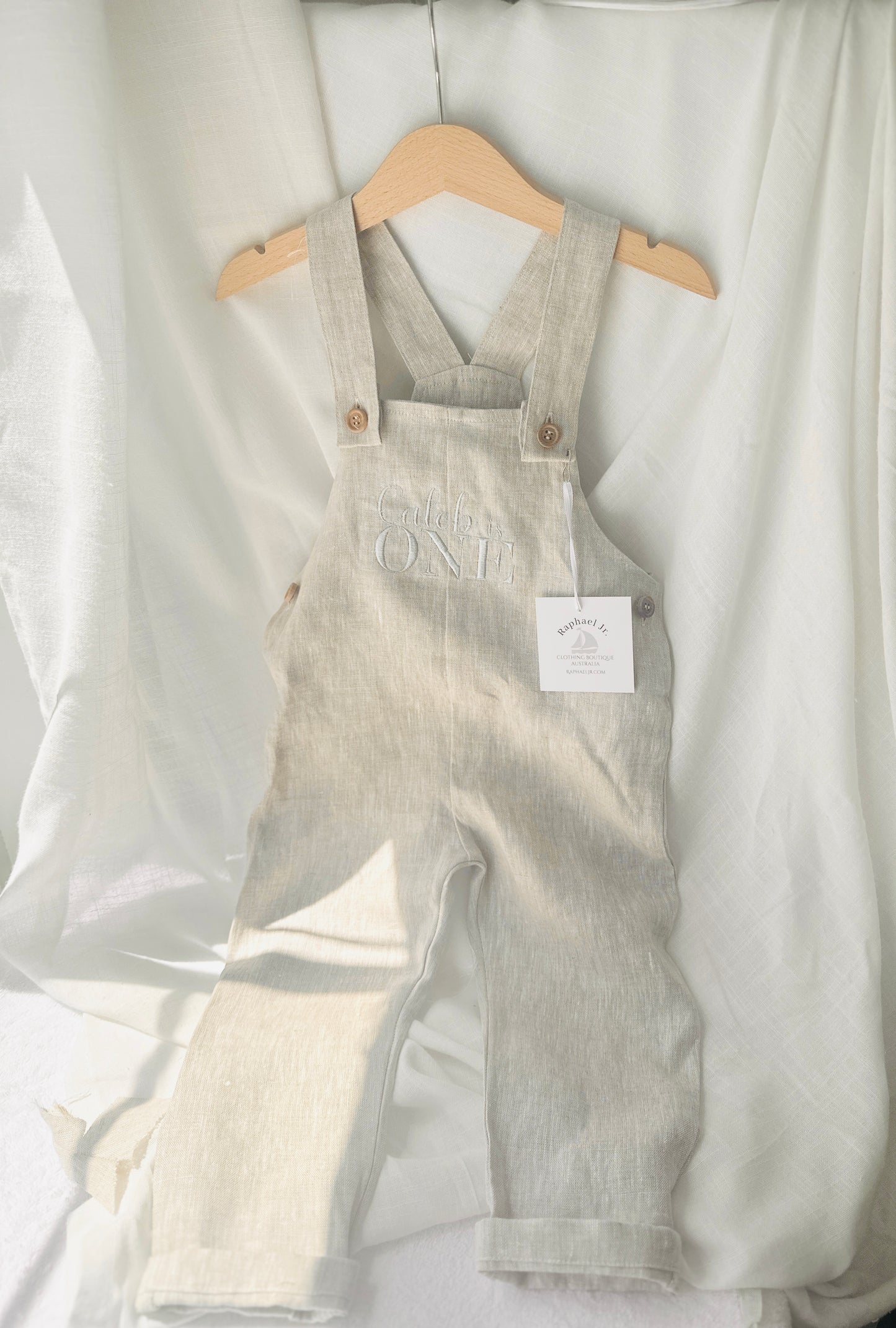 Boys Beige Linen Birthday overalls romper dungarees safari balloon fast car wild sea themes