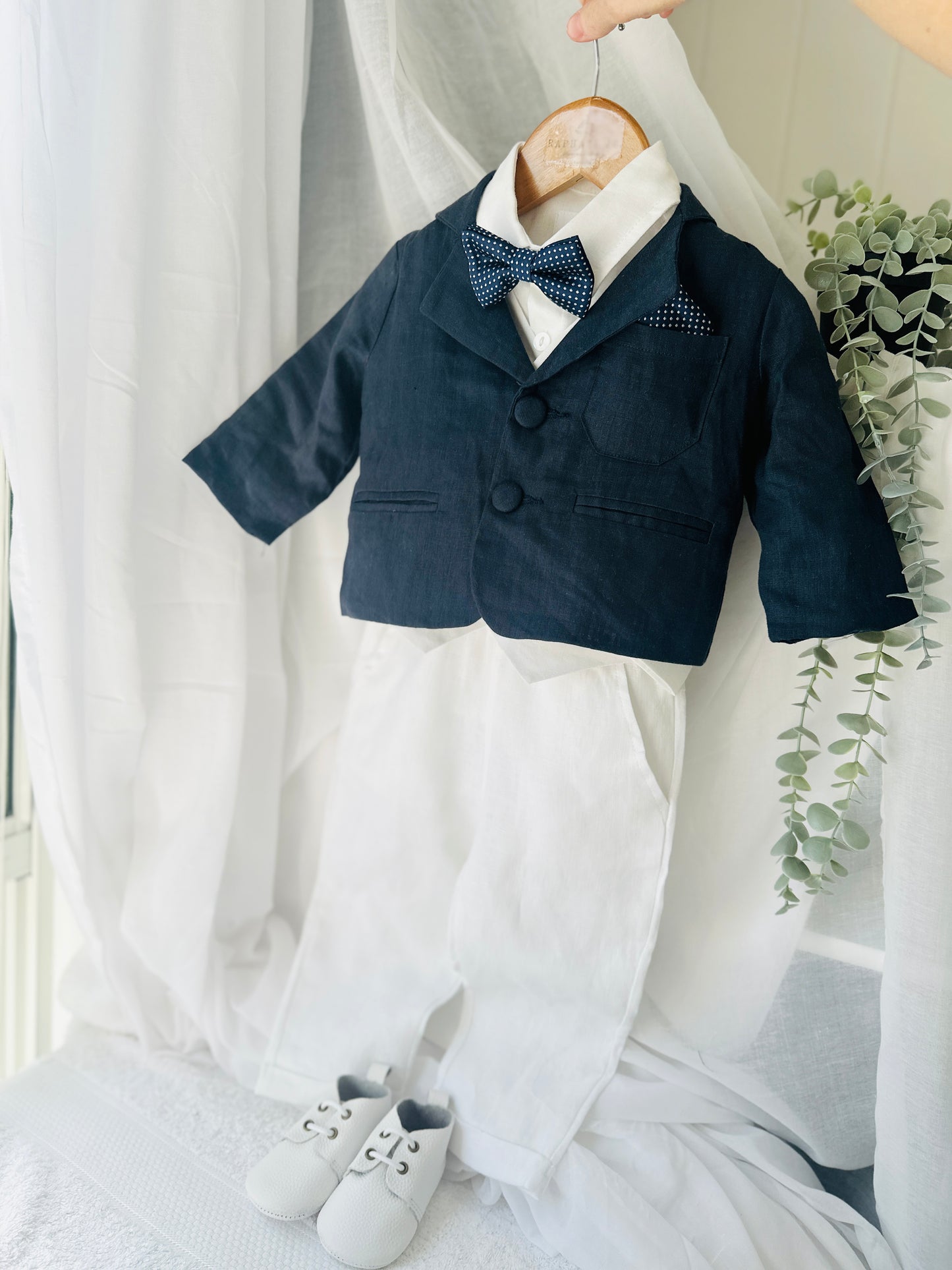 Boys white vest with white linen suit and navy jacket set