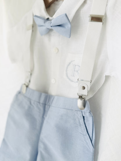 Blue chambray set with blue pants, white linen shirt, white, blue or beige suspenders and blue bow tie
