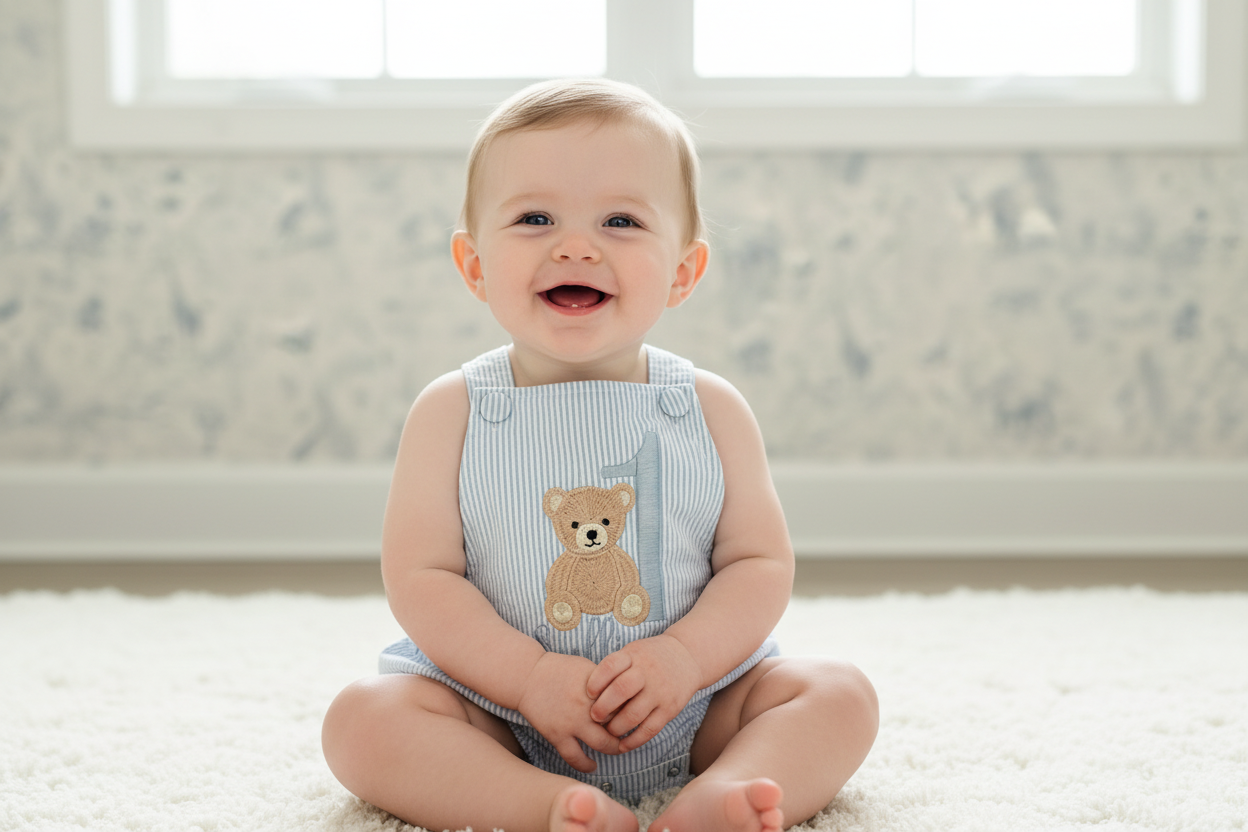 Boys Blue Seersucker teddy bear First Birthday romper