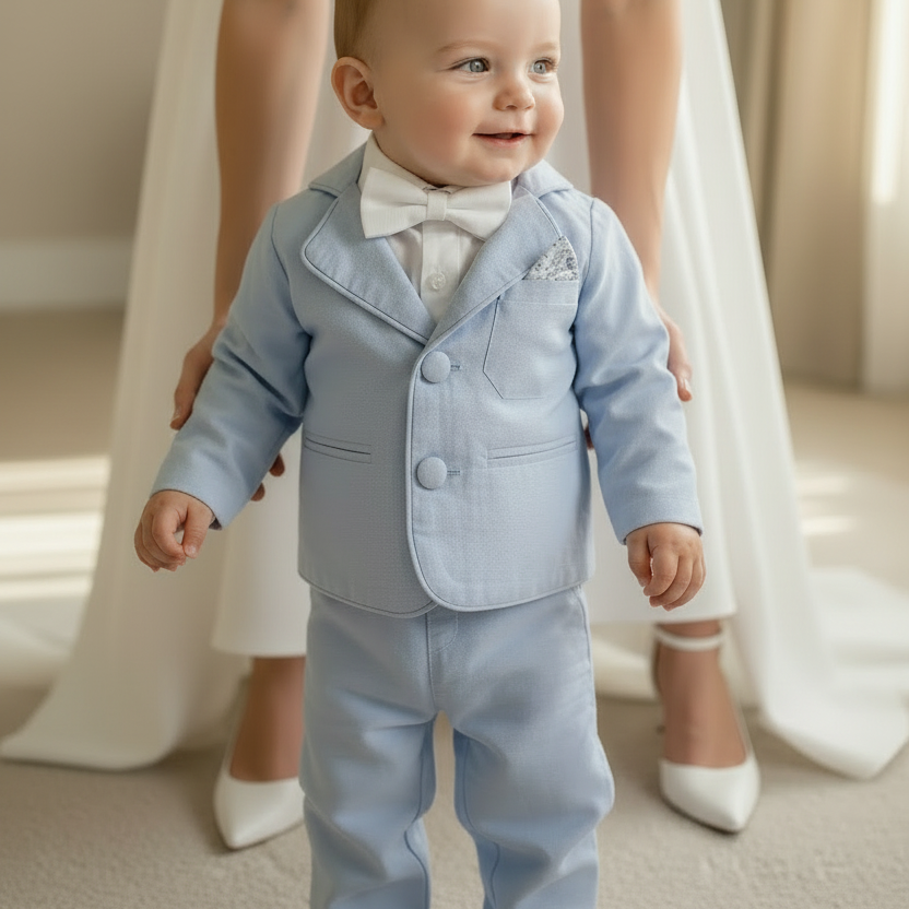 Baby and toddler boys pale blue chambray and linen full suit