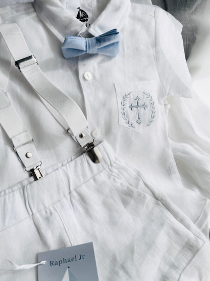 White linen summer Baptism outfit with suspender shorts, shirt, bowtie plus optional extras