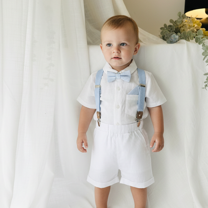 White linen Baptism Suit outfit with optional blue jacket and Accessories