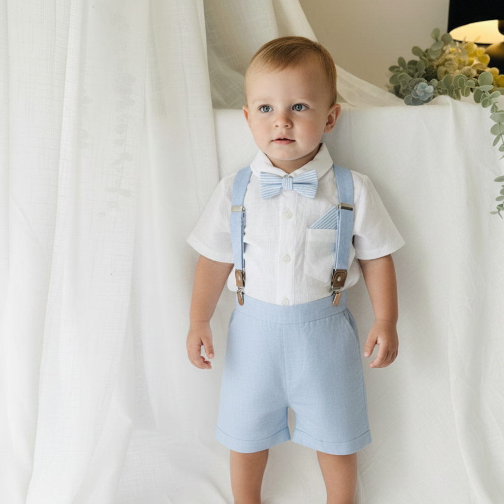 Boys pale blue shorts with linen shirt, blue suspenders and bow tie outfit plus optional extras