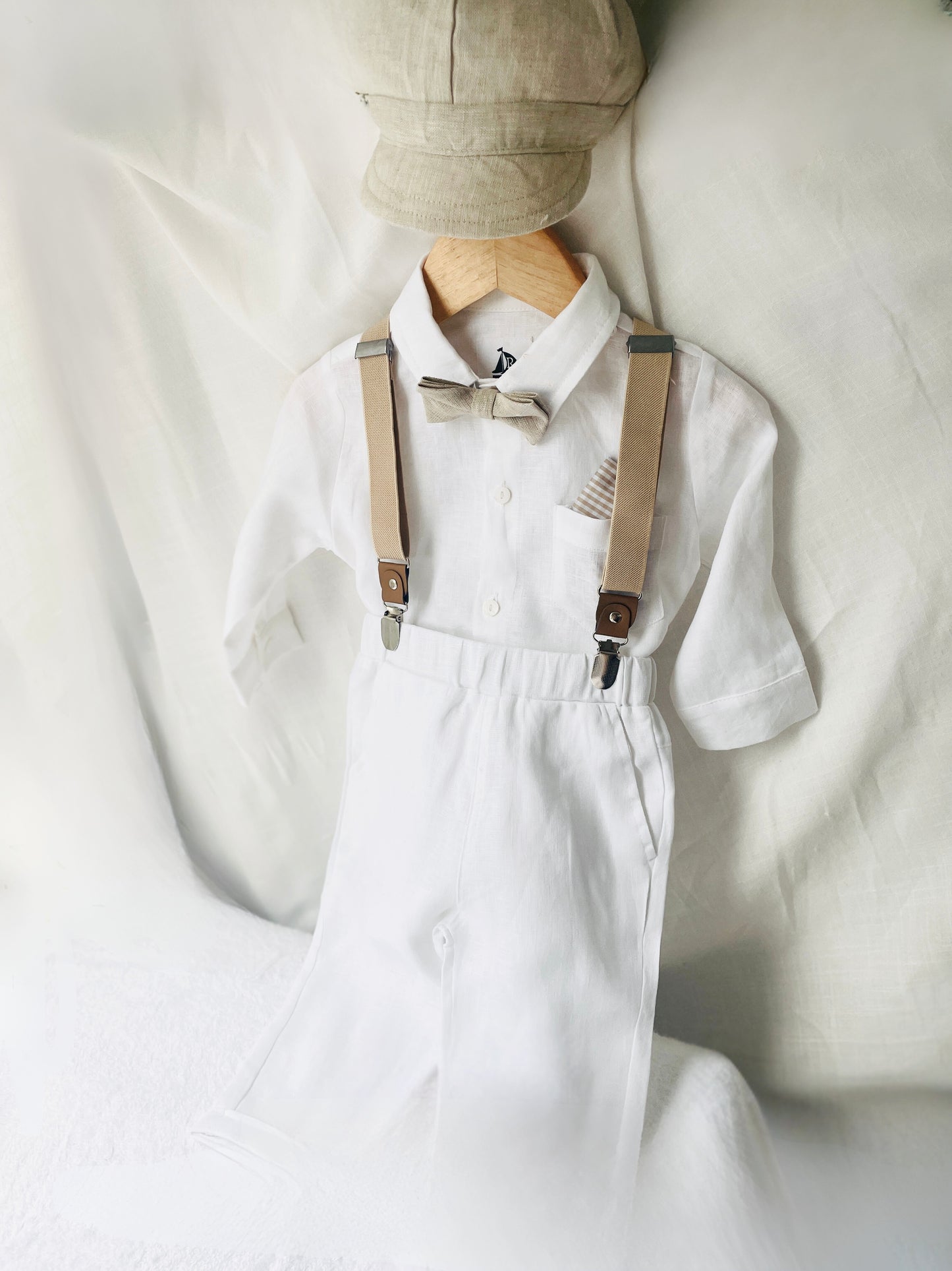 White and Beige Linen Set with optional Jacket Accessories and Embroidery Available