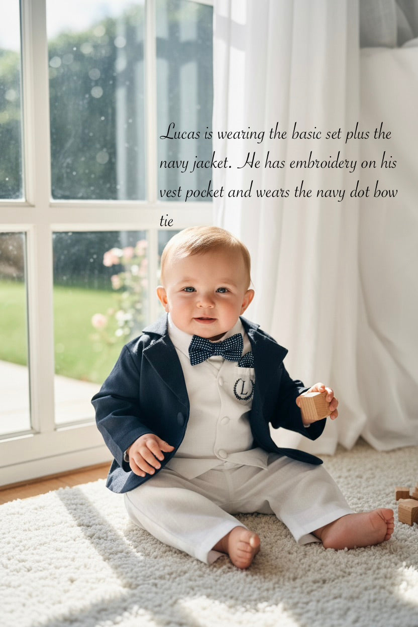 Boys white vest with white linen suit and navy jacket set
