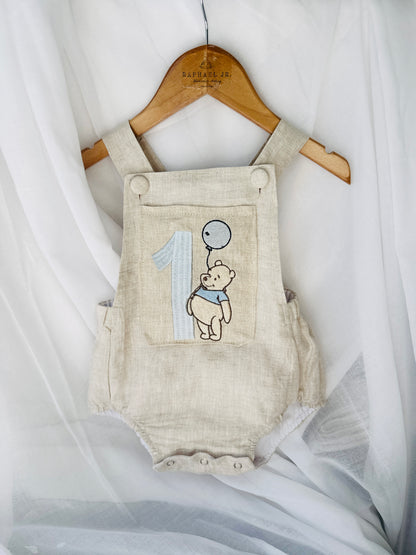 Beige and white linen and cotton baptism romper and linen shirt set