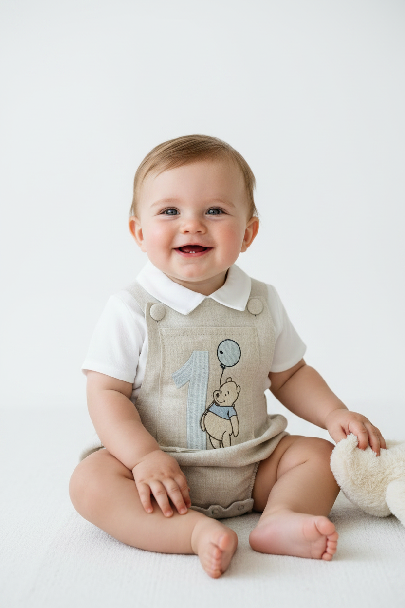 Beige and white linen and cotton baptism romper and linen shirt set