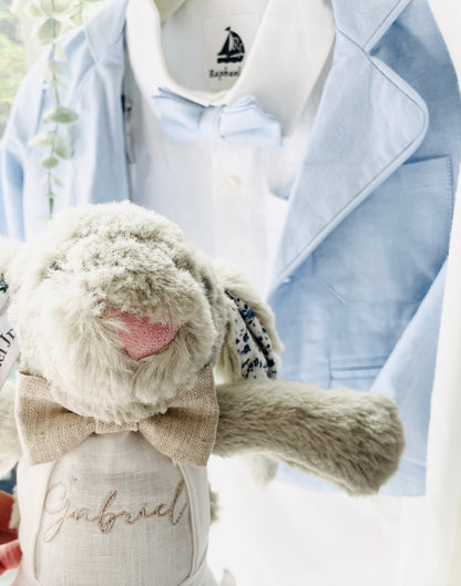 Blue chambray set with blue pants, white linen shirt, white, blue or beige suspenders and blue bow tie