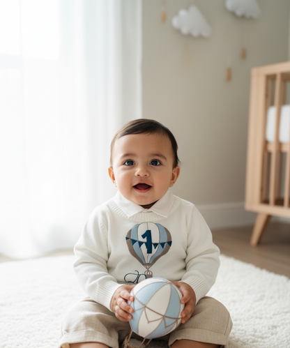 Warm white cotton sweater with optional first birthday embroidery
