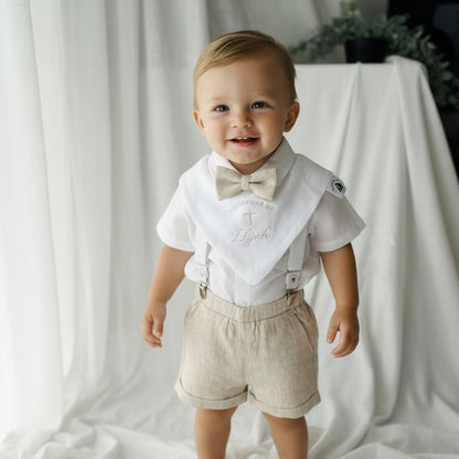 White linen Baptism Christening bib with optional embroidery