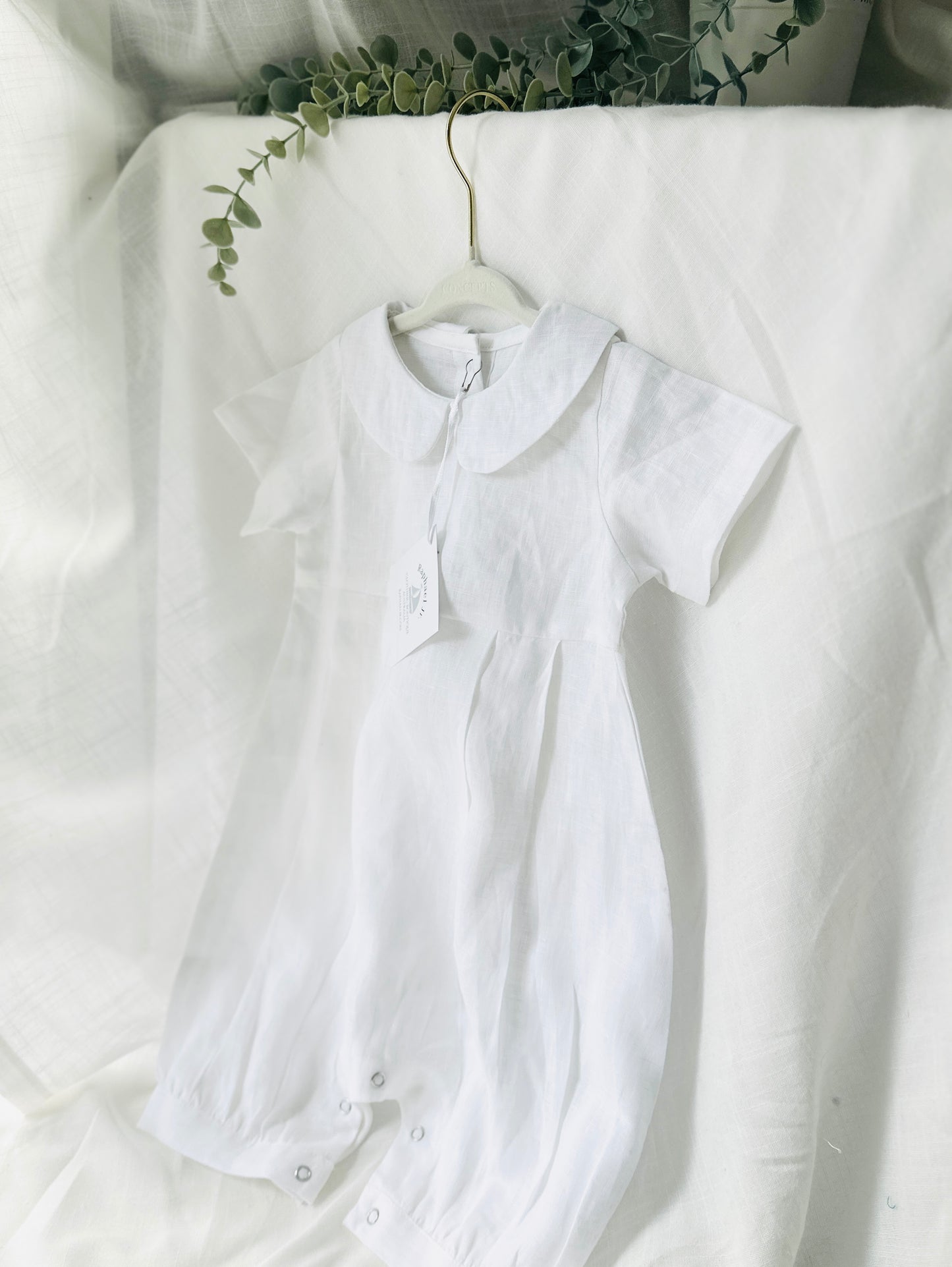 Linen Baptism romper short-all outfit with optional embroidery customisation