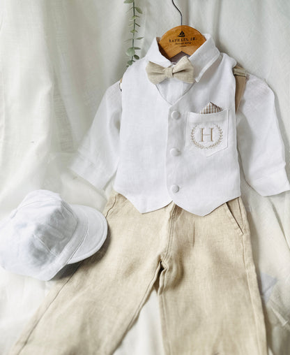 Boys white and beige linen set with vest, shirt, pants, suspenders and bowtie