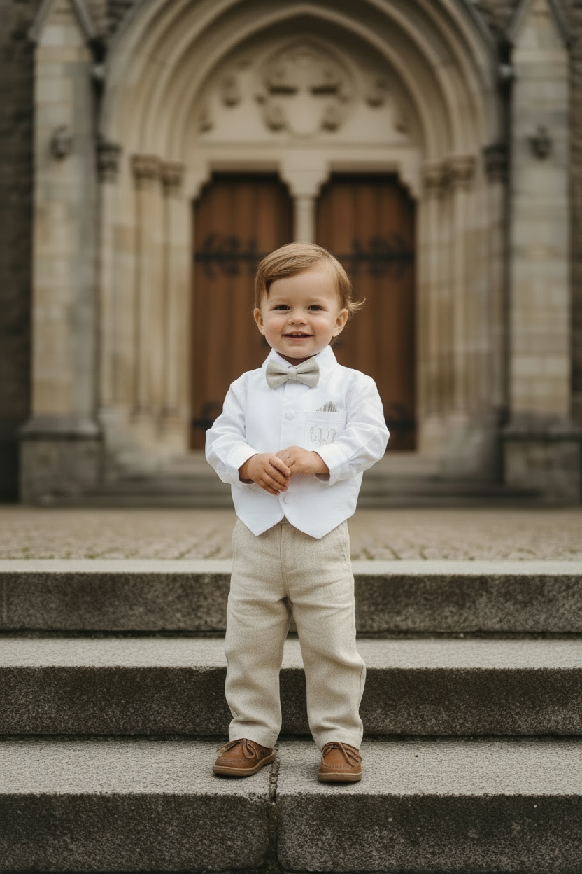 Boys white and beige linen set with vest, shirt, pants, suspenders and bowtie