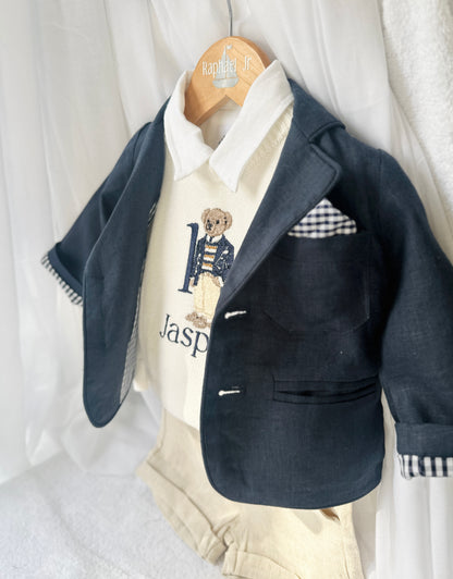 Polo Bear first birthday set with linen shirt, shorts and bear jumper