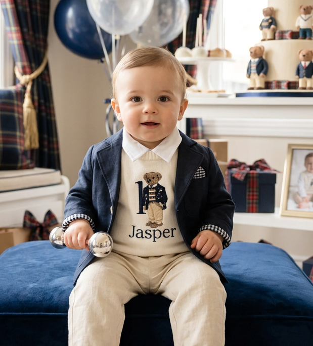 Polo Bear first birthday set with linen shirt, shorts and bear jumper