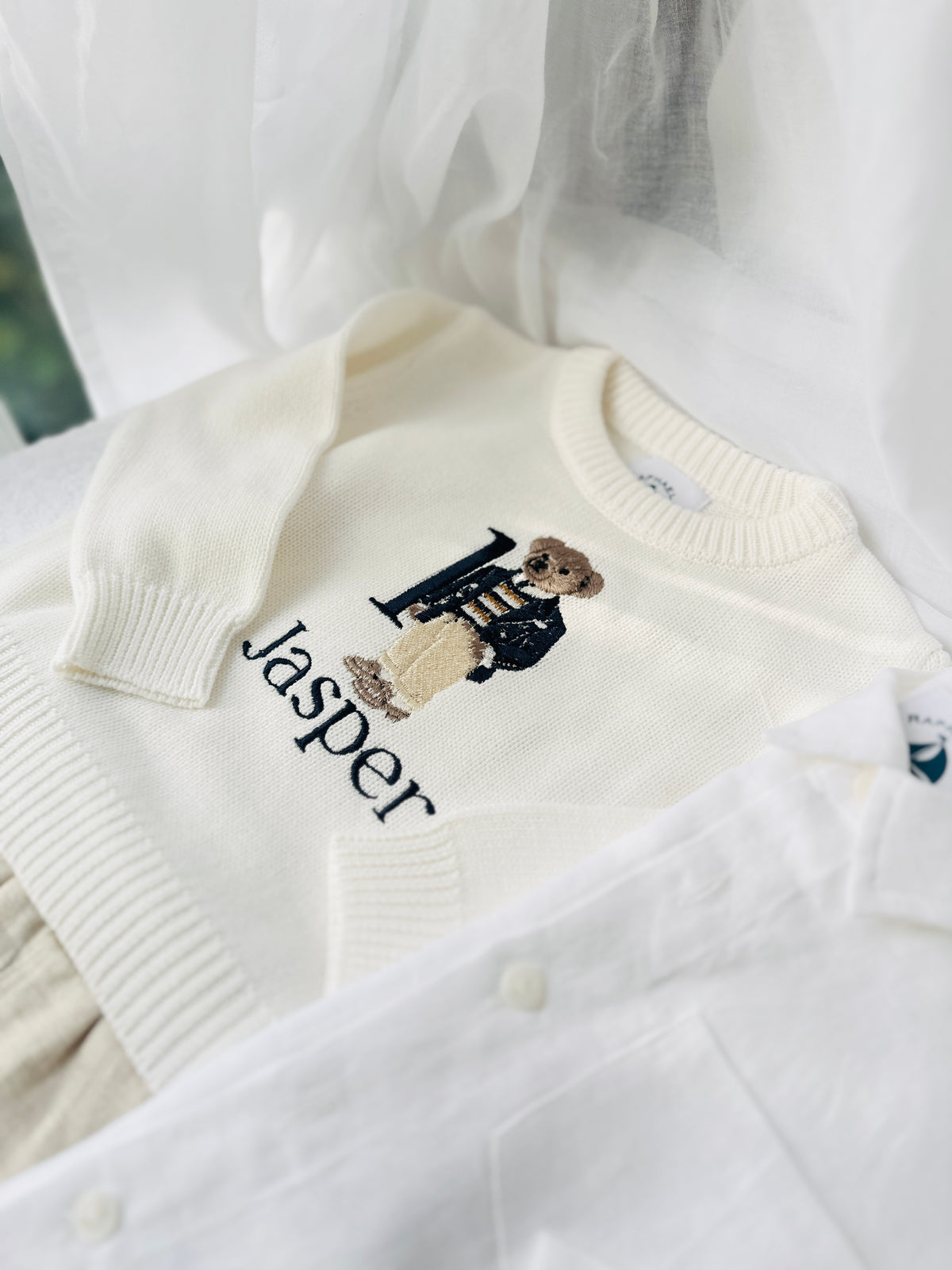 Polo Bear first birthday set with linen shirt, shorts and bear jumper