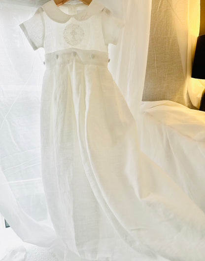 White Linen Baptism dress with detachable long skirt gown