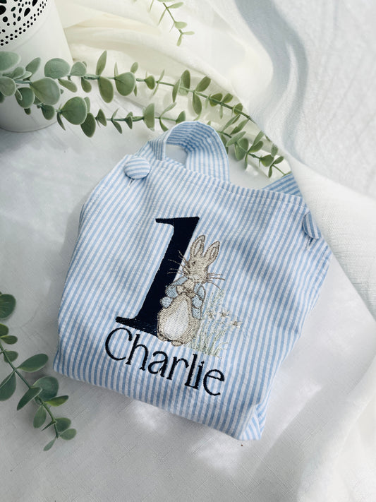 Boys Blue Seersucker Birthday romper overalls Peter Rabbit