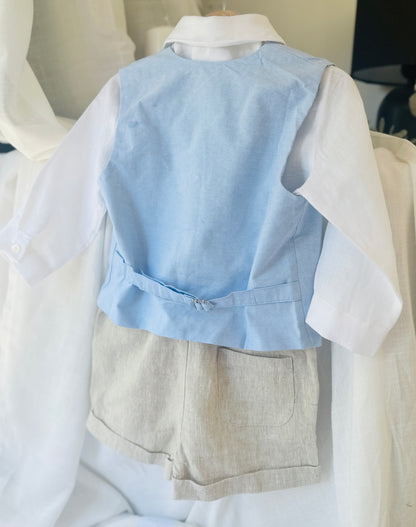 Beige Linen pants and blue vest outfit