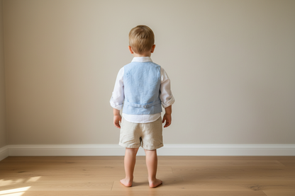 Beige Linen pants and blue vest outfit