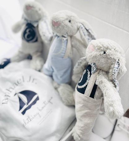 Christening bunny rabbit toy in little suit and bow tie to match babys outfit
