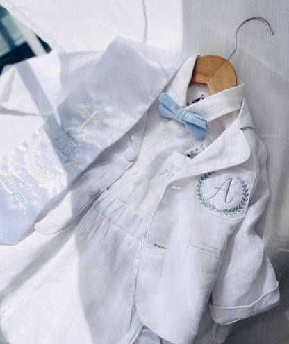 Boys White linen Baptism blazer jacket with optional embroidery