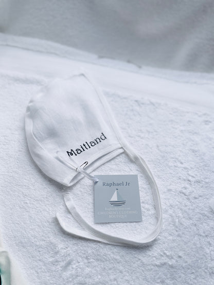 White linen baby bonnet for baptisms and christenings with optional embroidery