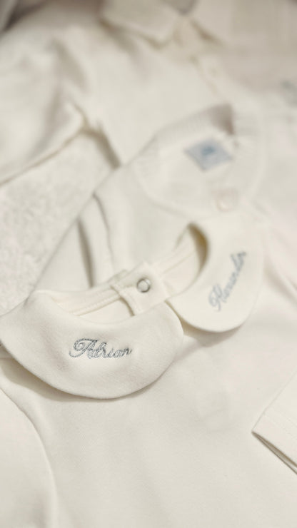 Baptism outfit with cotton onesie and cardigan or jumper and beige linen bloomers and white socks