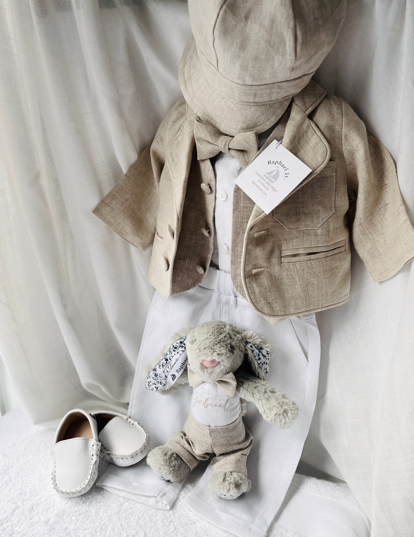 White and Beige Linen set with vest, shirt, pants, suspenders and bowtie plus optional jacket, cap and shoes