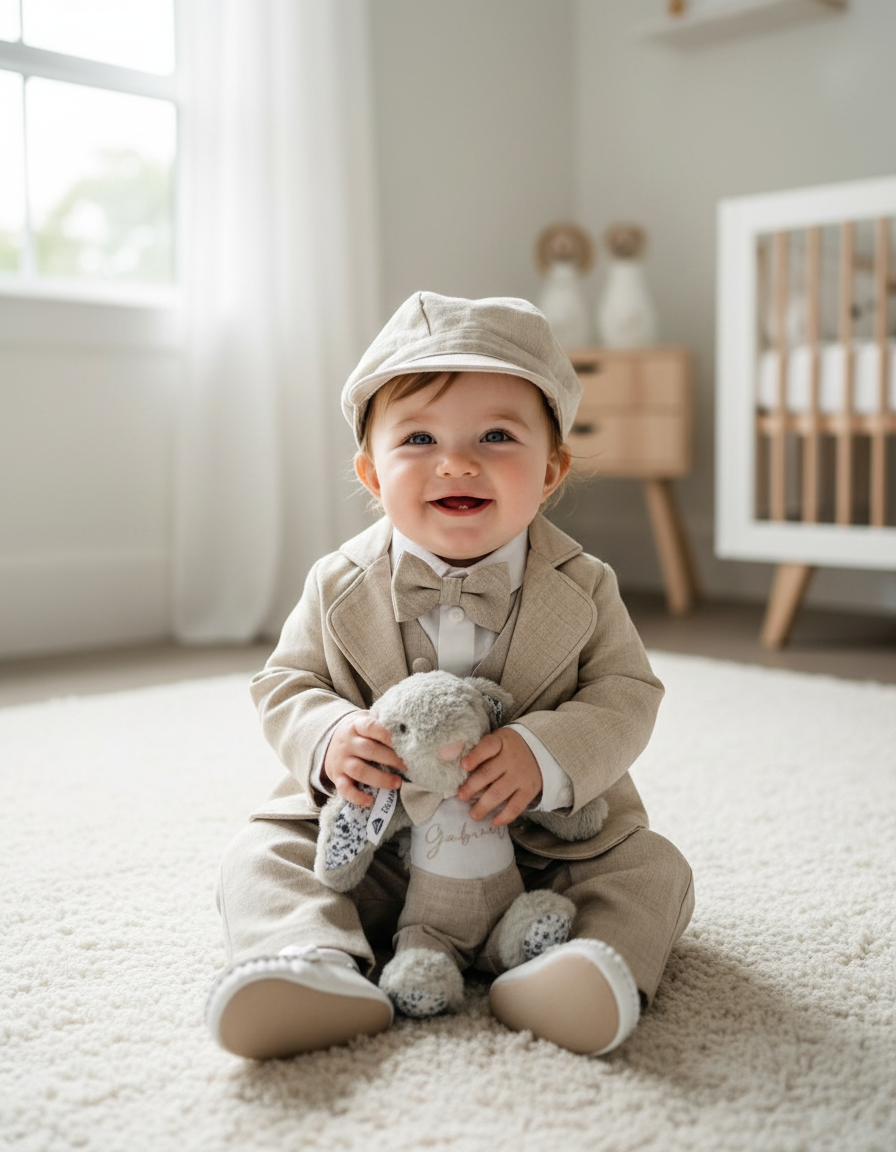 White and Beige Linen set with vest, shirt, pants, suspenders and bowtie plus optional jacket, cap and shoes