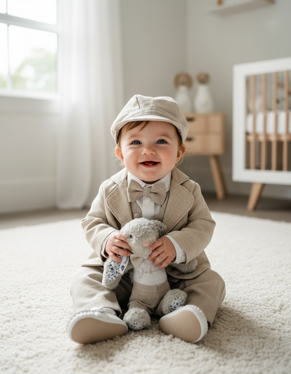 White and Beige Linen set with vest, shirt, pants, suspenders and bowtie plus optional jacket, cap and shoes