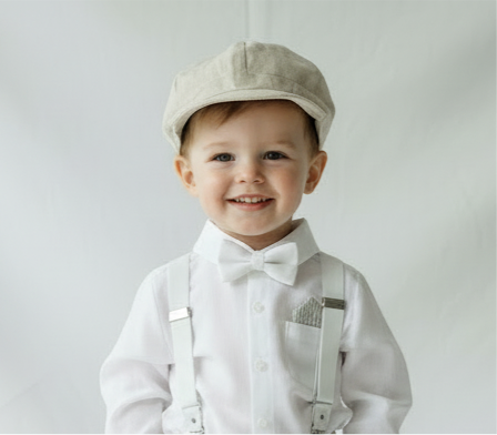 Beige linen paper boy cap for baptisms and christenings with optional embroidery