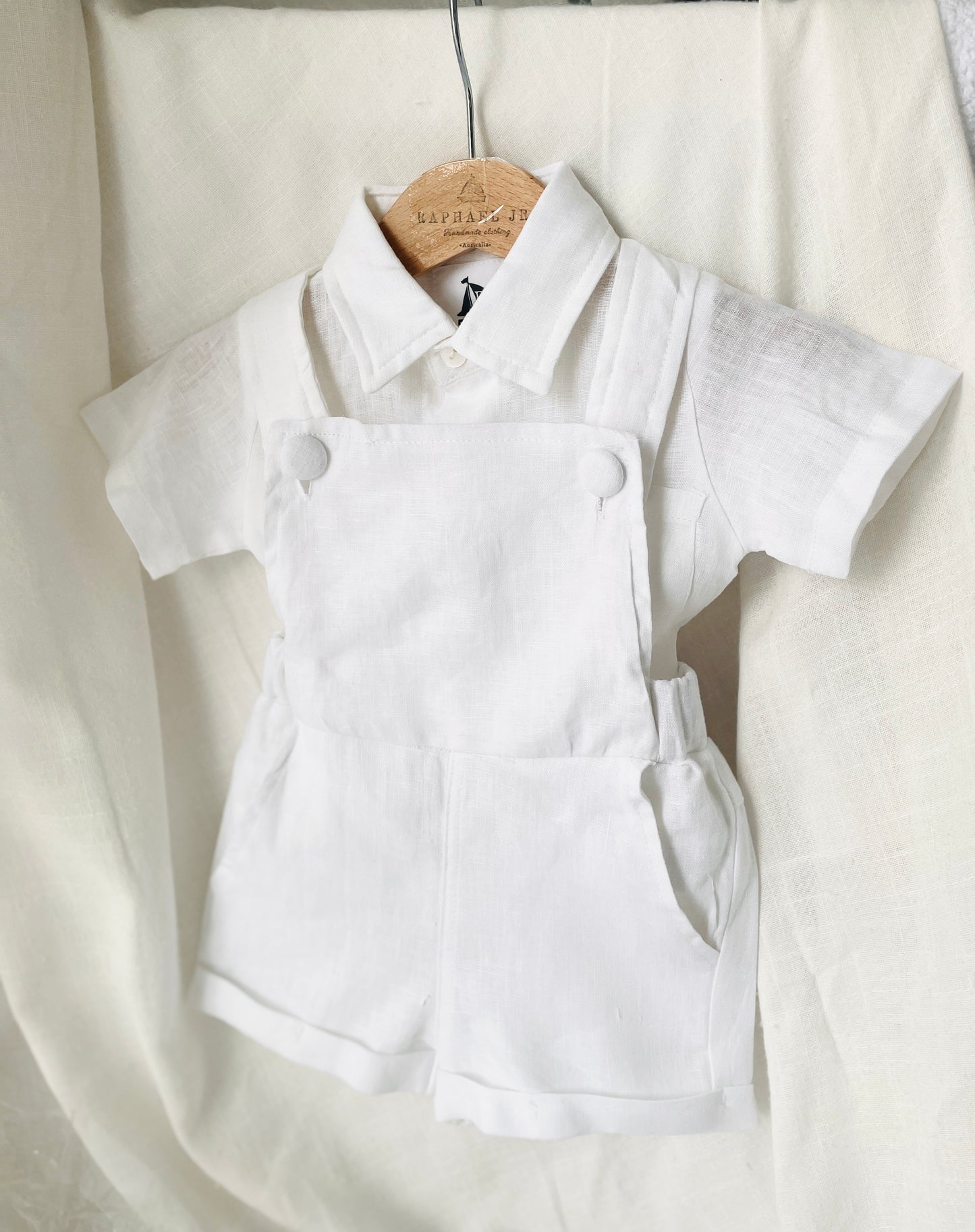 Boys white pure linen overalls suspender shorts with optional shirt and embroidery