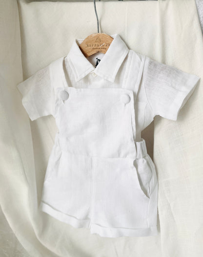 Boys white pure linen overalls suspender shorts with optional shirt and embroidery